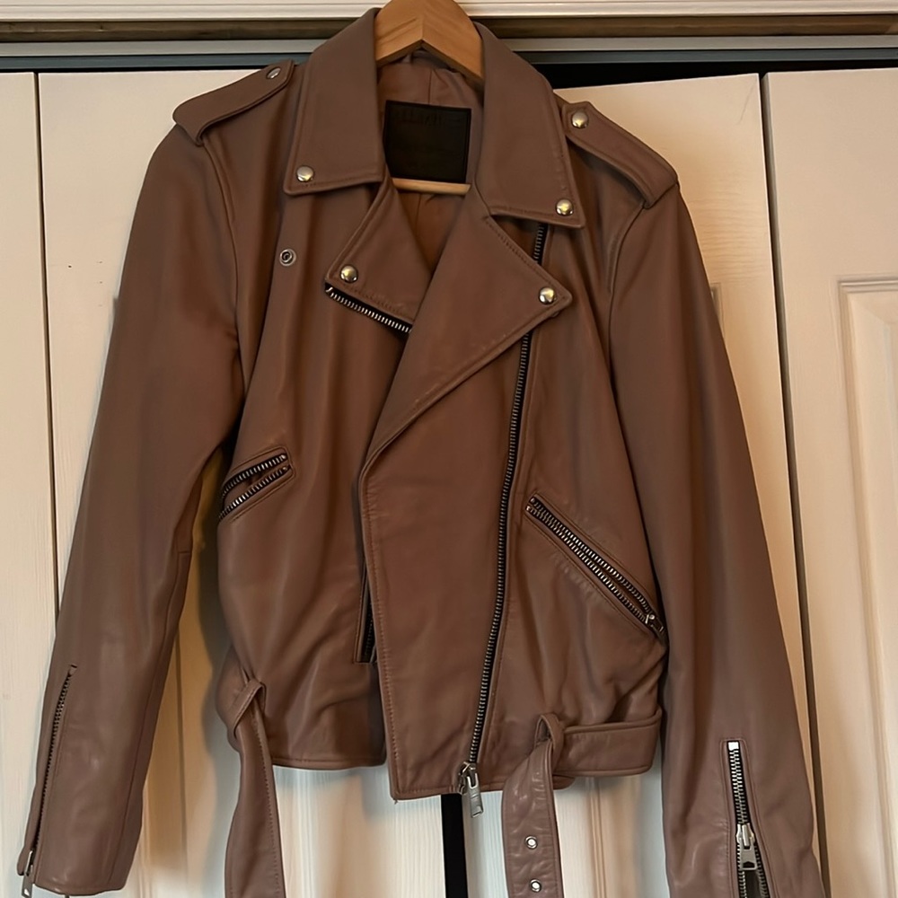 All Saints Balfern Belted Hem Leather biker jacket